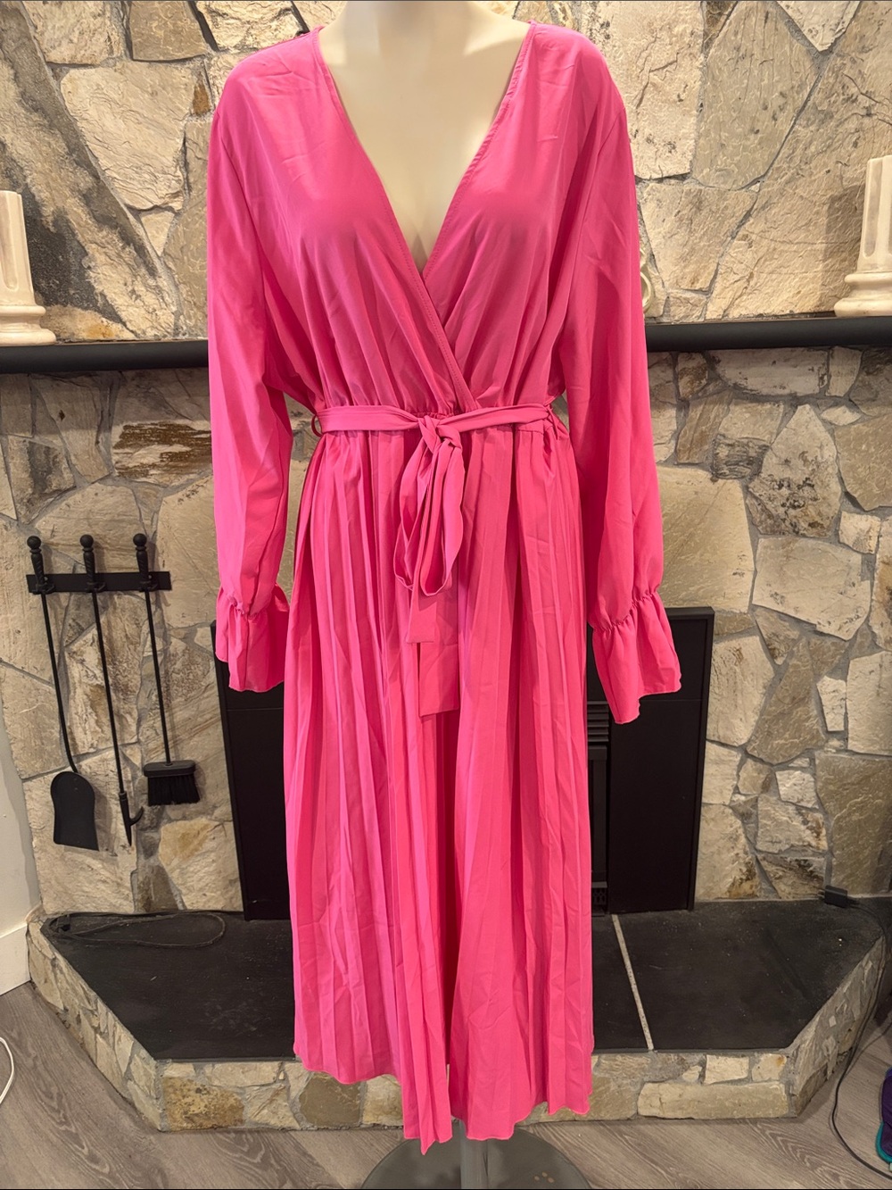 Hot Pink Wrap Maxi Dress with Waist Tie